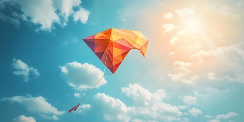 Colorful polygon kite soaring in a summer sky.