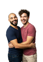 Obraz premium Two joyful young adult men, one bald with a beard and one with curly brown hair, embracing and laughing together in a studio portrait with a transparent background.