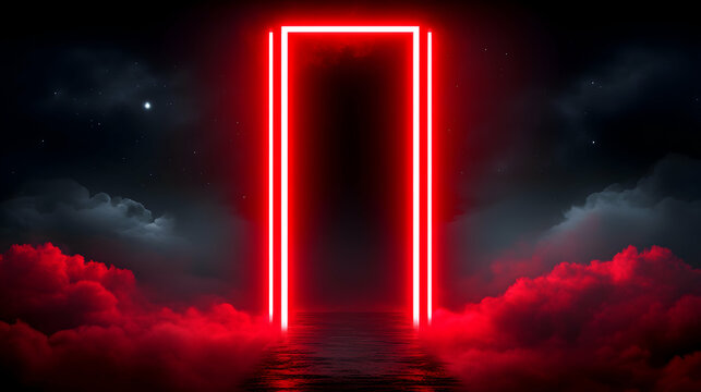 Ethereal red neon portal glowing against a dark, starry night sky with red clouds reflecting on a mysterious water surface.