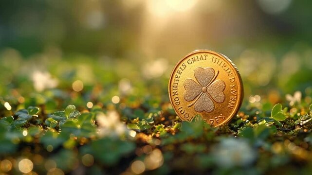Shiny gold coins with clovers for St. Patrick's Day