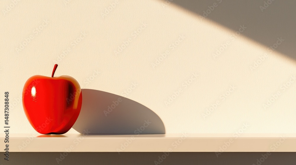 Poster a single shiny red apple resting on a pale shelf