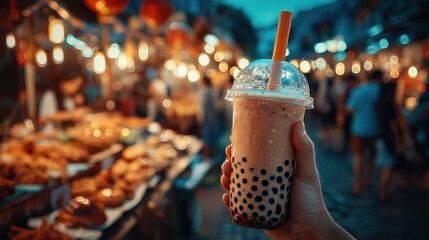 Naklejka premium Close-Up of Boba Milk Tea in Hand at Night Market