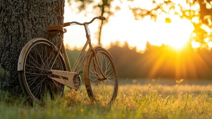 Fototapeta premium An antique bicycle rests against a tree in golden sunlight