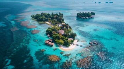 Aerial view of a tropical island resort with turquoise water and coral reefs