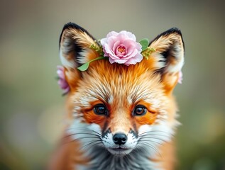 Obraz premium Red Fox Flower Crown Portrait.