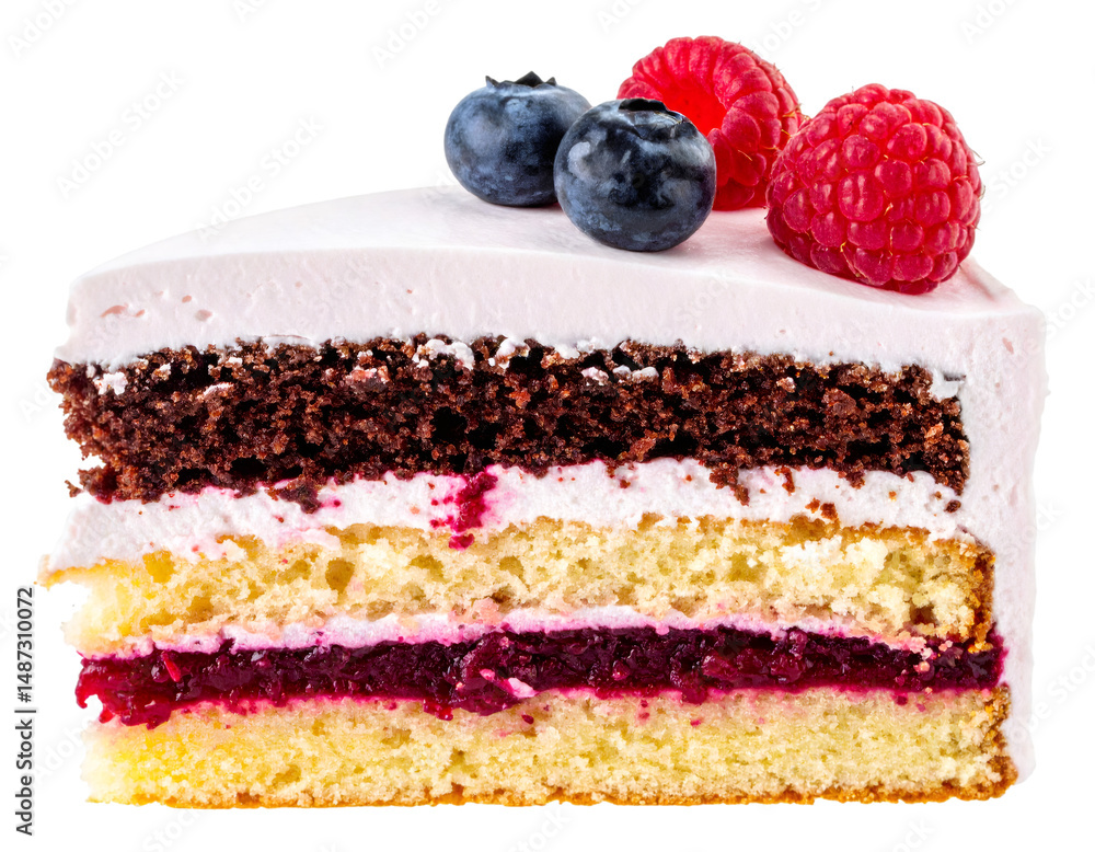 Poster layered cake slice with berries topping isolated on transparent background