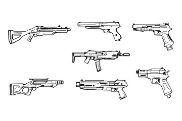 Futuristic Energy Weapon Sci Fi Blaster Gun line art
