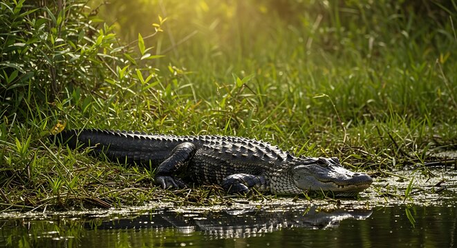 Alligator Lying Near Water on Grassy Bank - Powered by Adobe