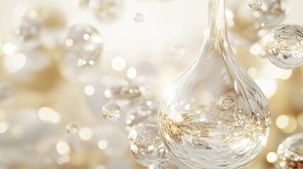 Elegant, translucent droplets and bubbles in a light beige background.