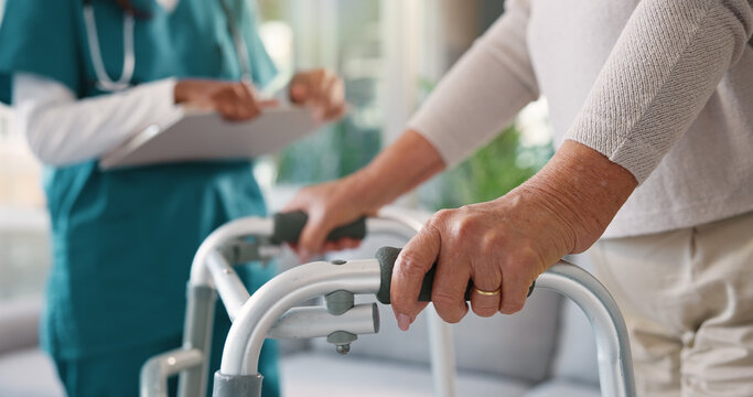 Doctor, physiotherapist or patient hands with walker for assisted living, exam or test at clinic. Closeup, medical worker or nurse helping person with a disability for mobility, movement or recovery