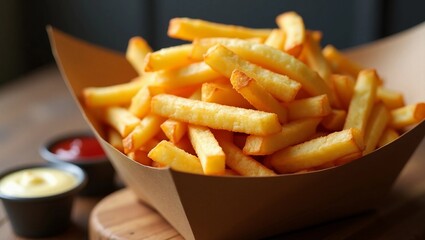 flatlay, a delicious serving of golden, crispy French fries in a rustic paper container, placed on a wooden table with a side of ketchup and mayonnaise. Natural lighting, shallow depth of field
