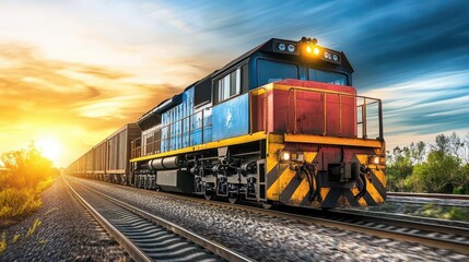 Obraz premium Train traveling on railway tracks at sunset sky