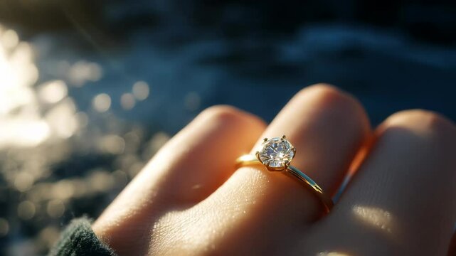 Young girl showcases a sparkling gold ring on her hand, gleaming in the sunlight outdoors

