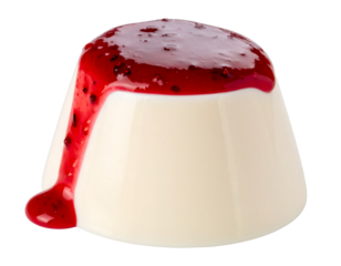 Panna cotta dessert with dripping red berry sauce isolated on transparent background
