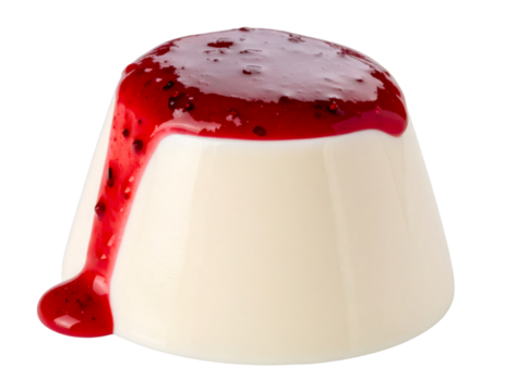 Panna cotta dessert with dripping red berry sauce isolated on transparent background