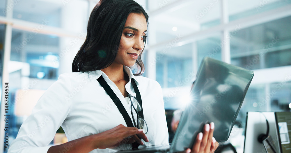Poster Happy, woman and developer with laptop in office of programming, coding support and server update. Person, online app and IT for testing system, website application and troubleshooting at call centre