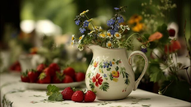 Swedish midsummer ambiance with meadow flowers and fresh strawberries in a ceramic jug on a rustic table

