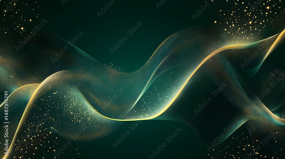 Poster modern abstract green gradient background with golden lights and cascading sparkles