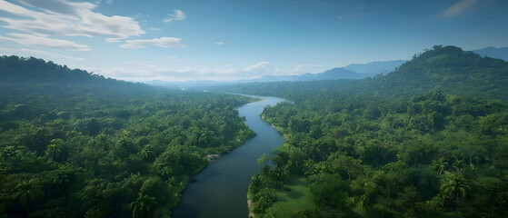 Fototapeta premium Aerial View Of Lush Tropical River Valley With Mountains