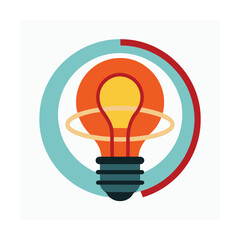 Creative light bulb icon surrounded by abstract blue and red circular shapes