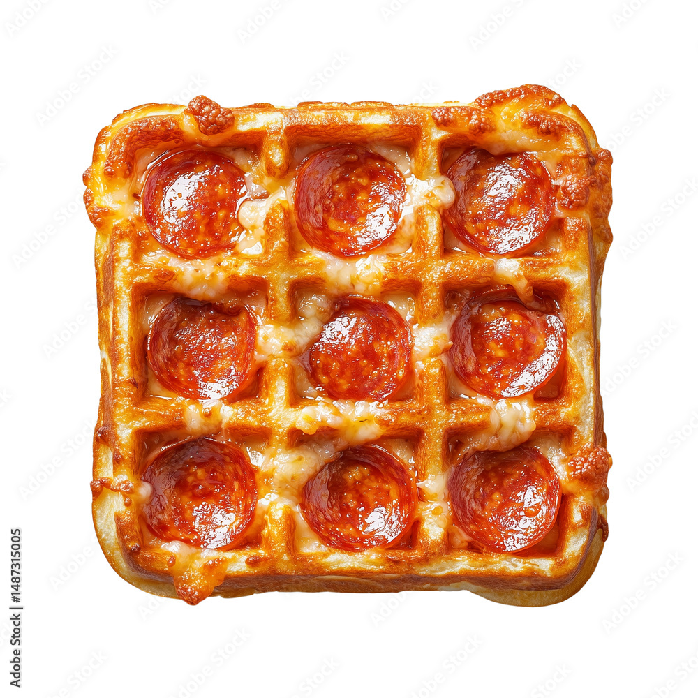 Poster golden, crispy waffle with a grid pattern and pockets for syrup or toppings. isolated on white backg