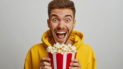 Excited Man in Yellow Hoodie Enjoying Popcorn Movie Night Fun Time Casual Happy Smiling Watching Film Entertainment Snack Delicious guy food relax    