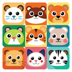 Cartoon animal faces in square format feature bears, tiger, cat, and lion icon set