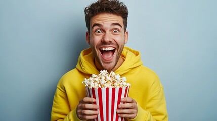 Happy Man Enjoying Popcorn Movie Night Fun Yellow Hoodie Casual Excited Smiling Watching Film Entertainment Snack Delicious Food Shot Male Young Adult