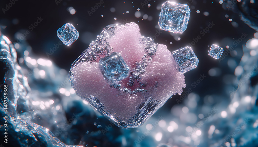 Poster abstract image of pink substance submerged in water with ice cubes. intriguing textures and vibrant 