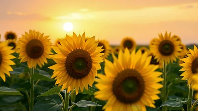 many bright yellow big sunflowers in plantation fields on sunset