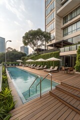 Fototapeta premium Luxury Hotel Swimming Pool with Wooden Deck and Stairs 