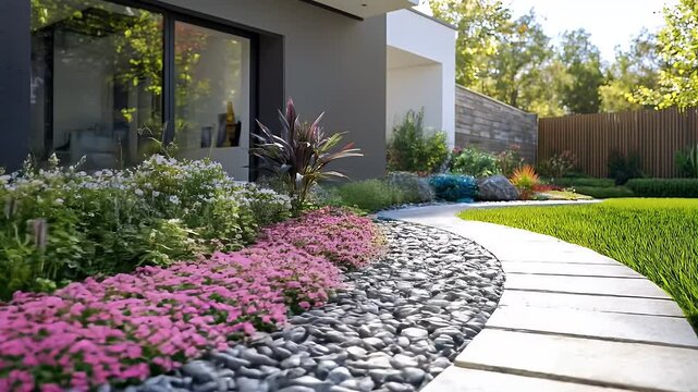 Modern Home Exterior with Pink Flowers Gray Pebbles and Green Lawn along a Stone Path on a Sunny Day Featuring Contemporary Architecture and Landscaping