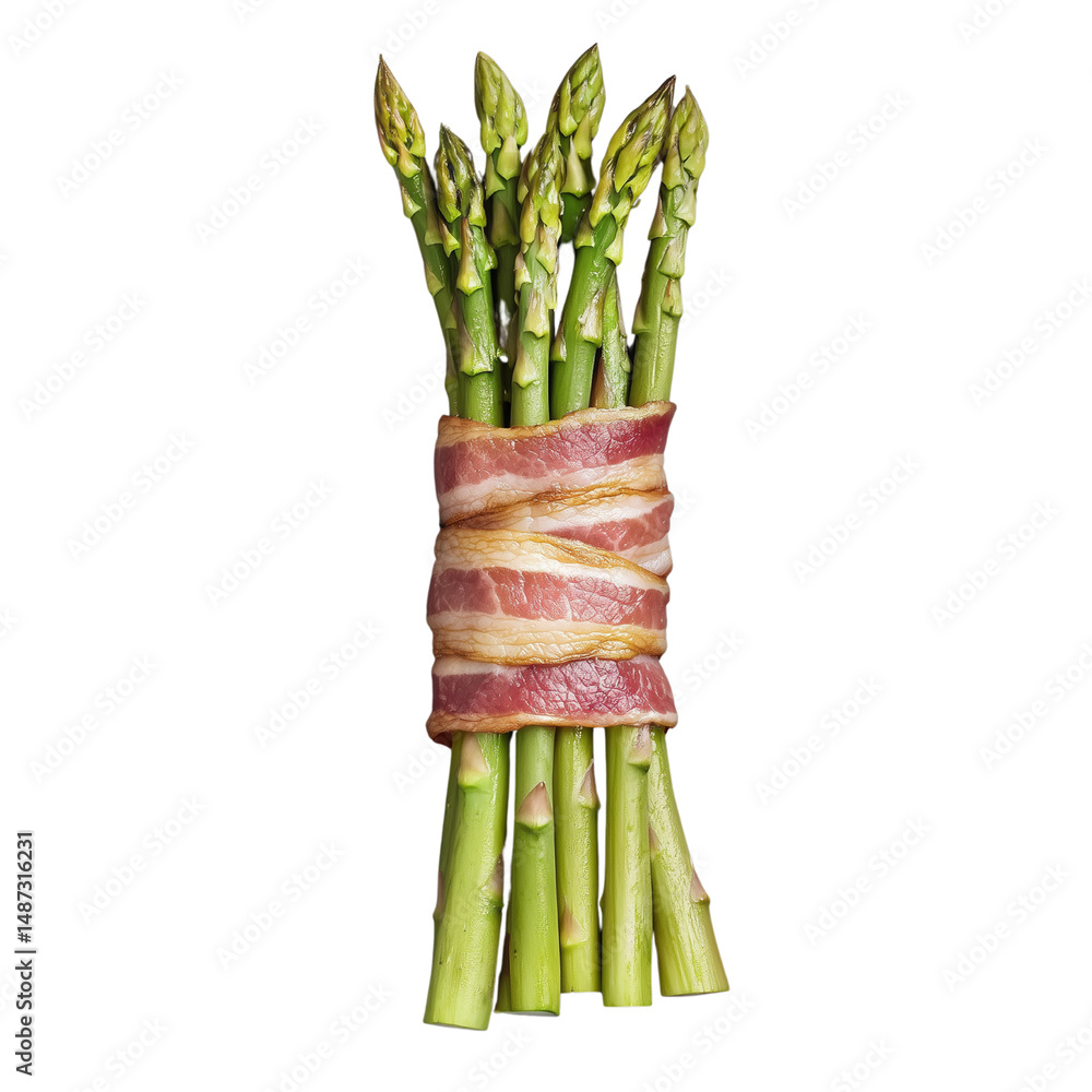 Poster a bundle of fresh asparagus wrapped in bacon, showcasing its vibrant green color and unique texture.