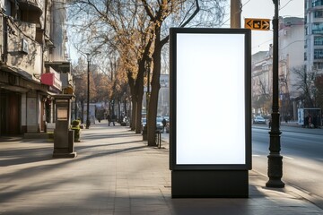 A tall blank vertical billboard mockup stands on a city sidewalk bathed in sunlight, ready for advertising, surrounded by urban buildings and bare trees on a clear day