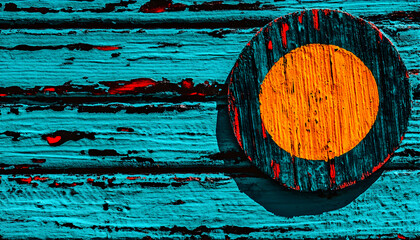 Abstract art featuring a vibrant orange circle on a turquoise, weathered wooden background.  Perfect for design projects needing a bold, textured element.