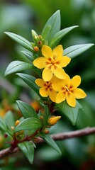 Fototapeta premium Golden flowers amidst green leaves