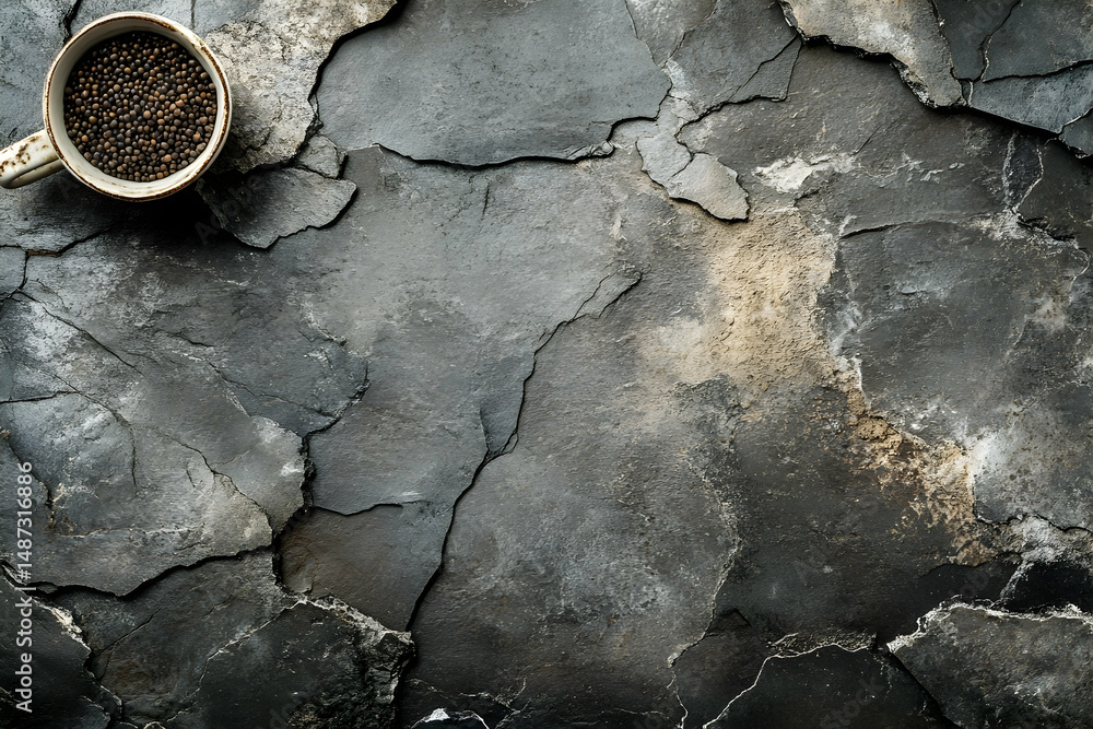 Poster dark moody texture background with a cup of dark seeds. ideal for food blogs, culinary websites, or 