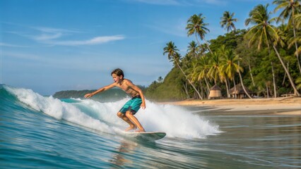 Teen boy surfing wave on tropical beach in Asia
