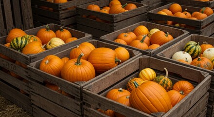 Multiple Orange Pumpkins in Wooden Crates