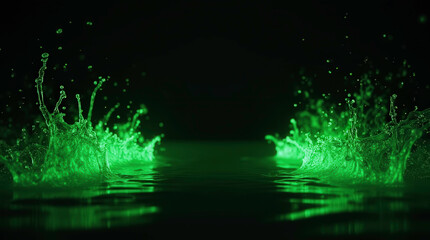 Dark background with green neon water splashes spreading on both sides