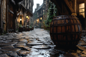 Old wooden wine barrels stored in a cellar with rustic old architecture and cobblestone streets of a narrow European town