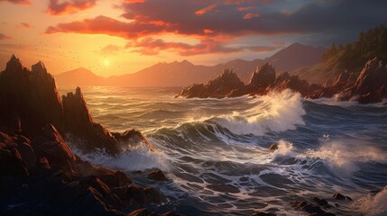Fototapeta premium A Dramatic Rocky Coastline During Sunset with Crashing Ocean Waves and Vibrant Sky in Coastal Landscape Scene