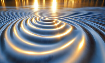 Serene sunset ripples on calm water, golden light reflecting on concentric circles, peaceful water surface.