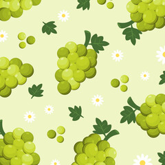 Green grape seamless pattern with flower and leaves. Healthy food illustration. Can be used for wallpaper, kitchen decor, and fashion fabrics