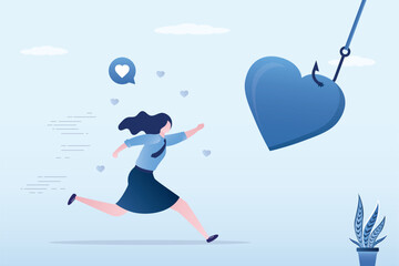 Heart bait for deception and manipulation in relationships. Cute woman running for giant heart on hook. Girl was tricked by criminals into falling in love. Scam, social issues,