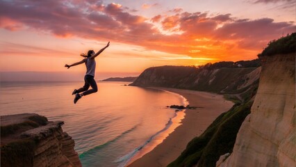 Fototapeta premium Sunset Cliff Jump into Ocean, Summer Adventure 