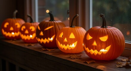 Obraz premium Lighted Carved Pumpkins on Window Sill for Halloween