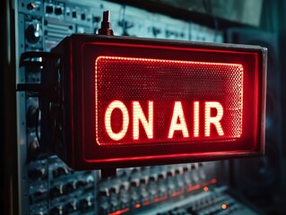A close up shot of a bright red ON AIR sign illuminate