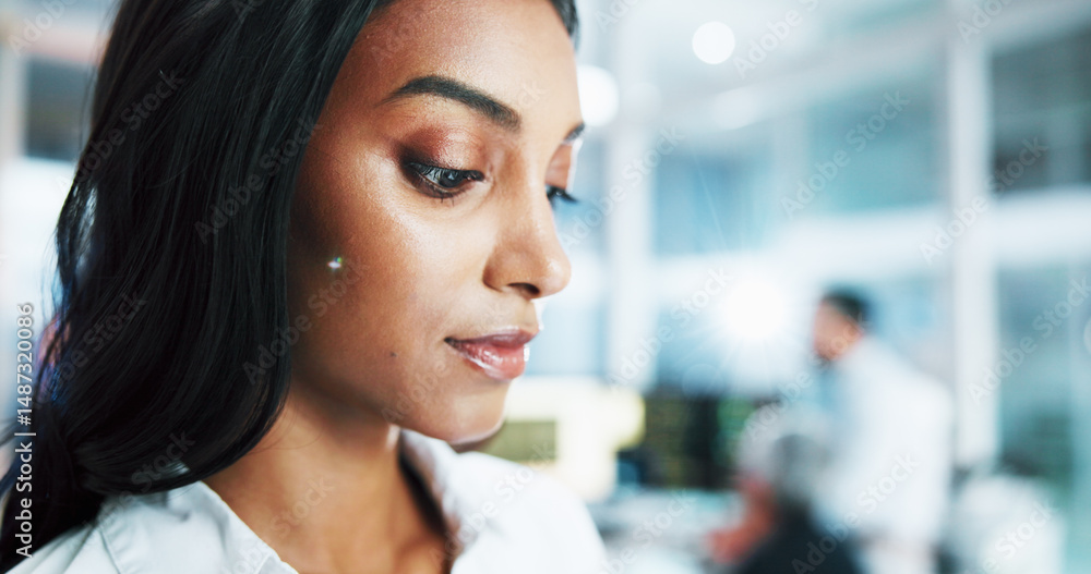 Poster Woman, programmer or developer with research at office for future development or cybersecurity. Female person, designer or coder with vision for AI programming, software or IT services at workplace