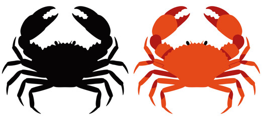 Vector illustration of crab shown in side view with both detailed and silhouette